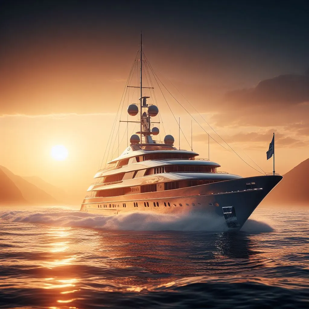 A luxurious yacht sailing into the sunset, representing the rich history of yachting.