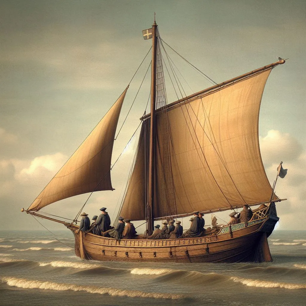 A 14th-century Dutch 'jacht' sailing in the shallow waters, showcasing the origins of yachts.
