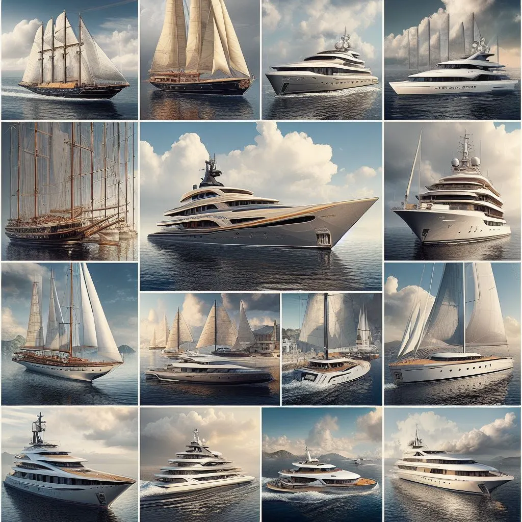 A collage of yachts from different eras, from the Dutch "jacht" to futuristic designs.