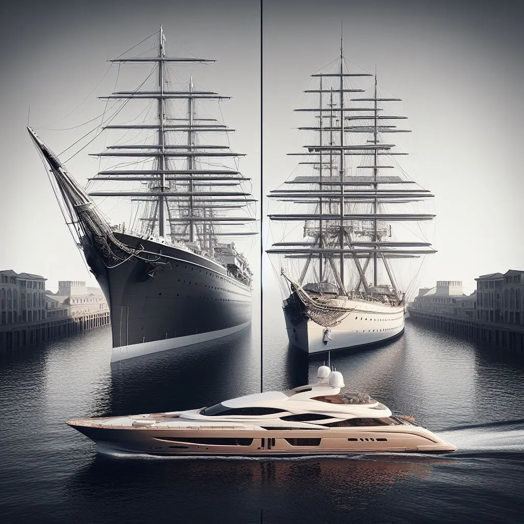 A side by side comparison of a sailing ship and a yacht