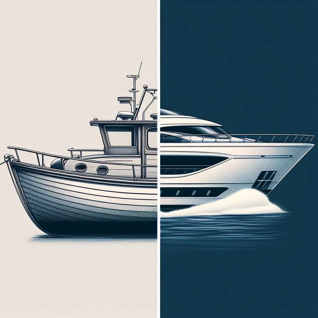 A side-by-side showcase of a classic boat and a lavish yacht. The boat, with its simple design and functional structure, contrasts with the yacht, which radiates luxury and sophistication, highlighting the essence of both marine vessels.