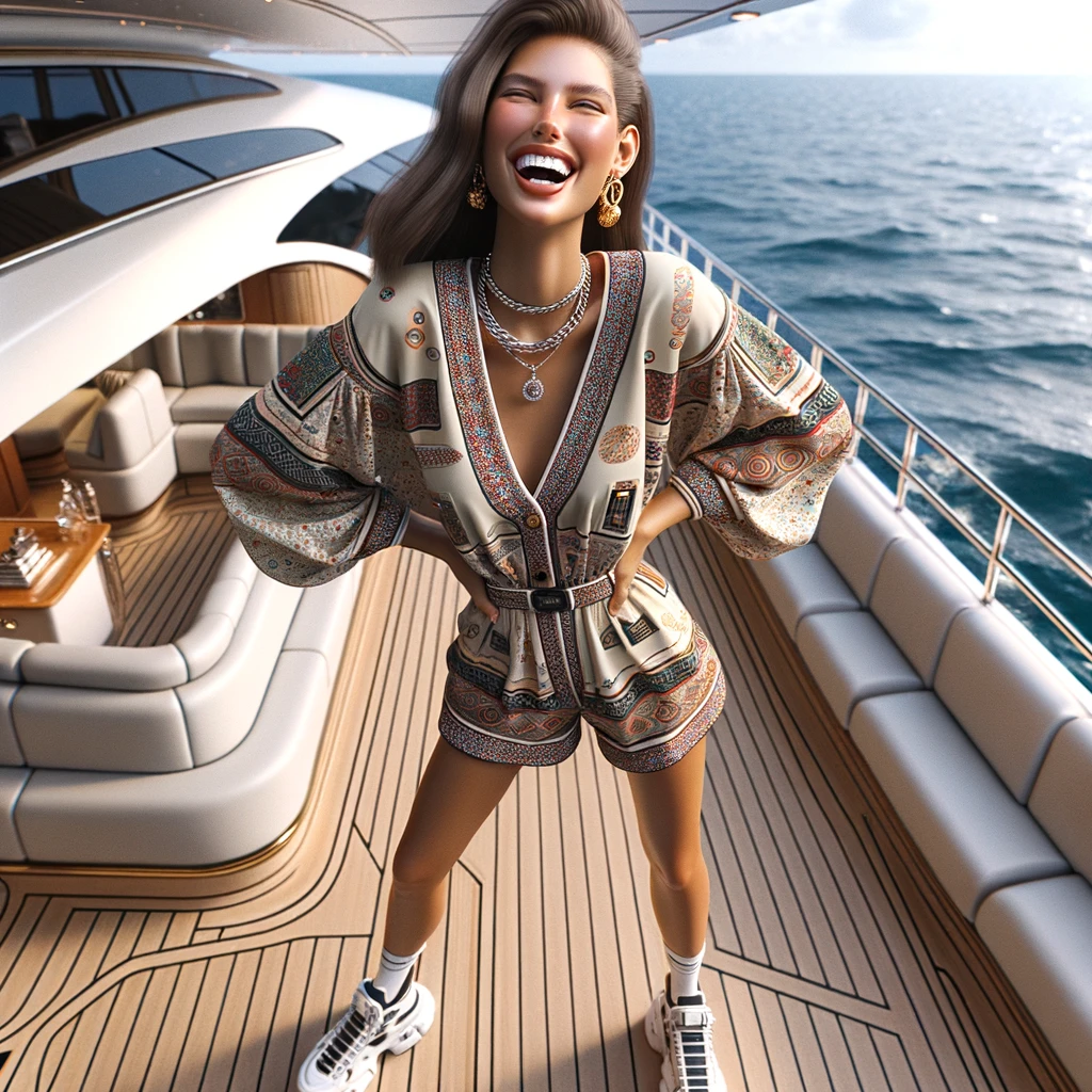 Model in a playful romper on a yacht, showcasing the fun and youthful side of yacht-themed fashion."