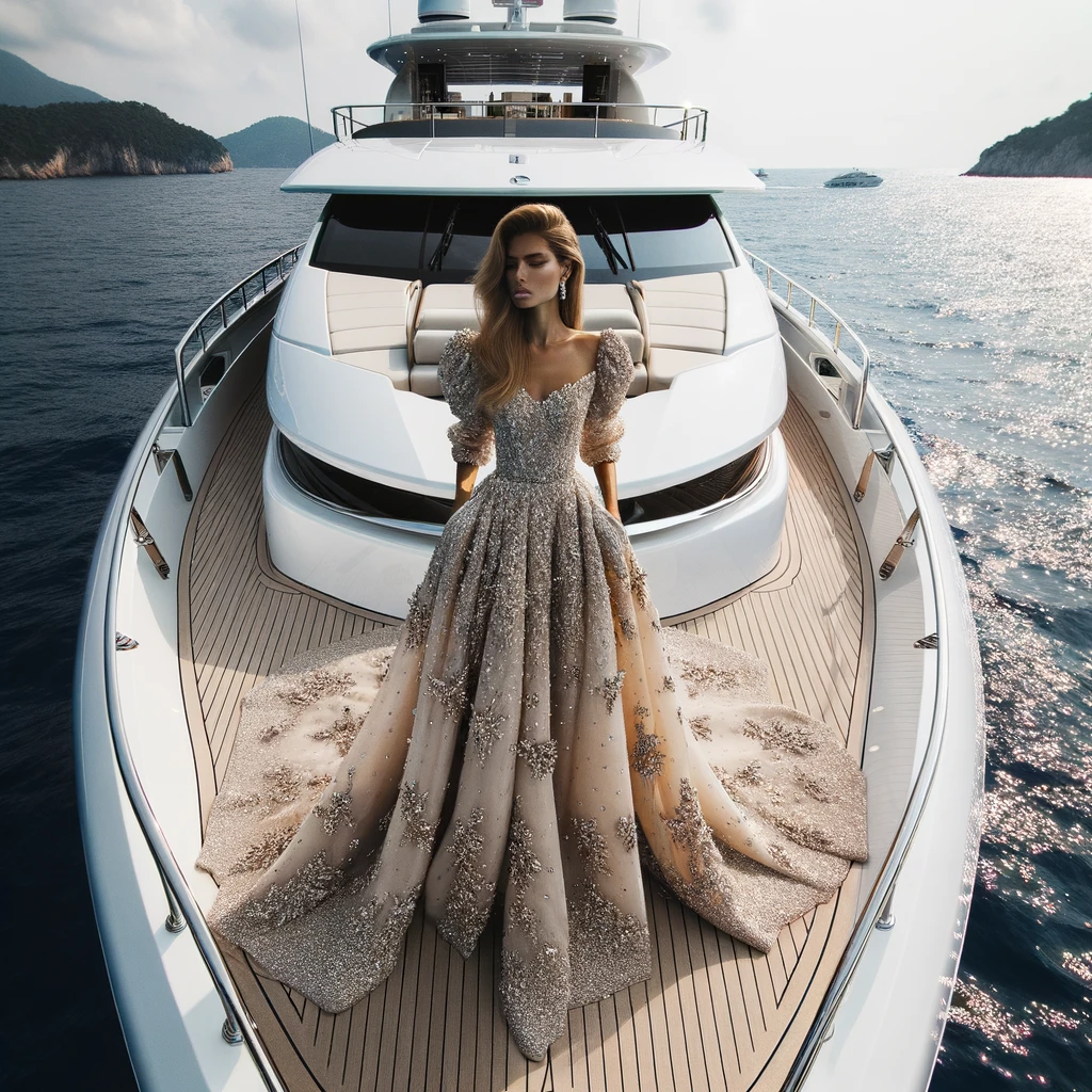 Model in elegant gown on a motor yacht, highlighting the luxury and opulence of yacht-themed fashion.        
