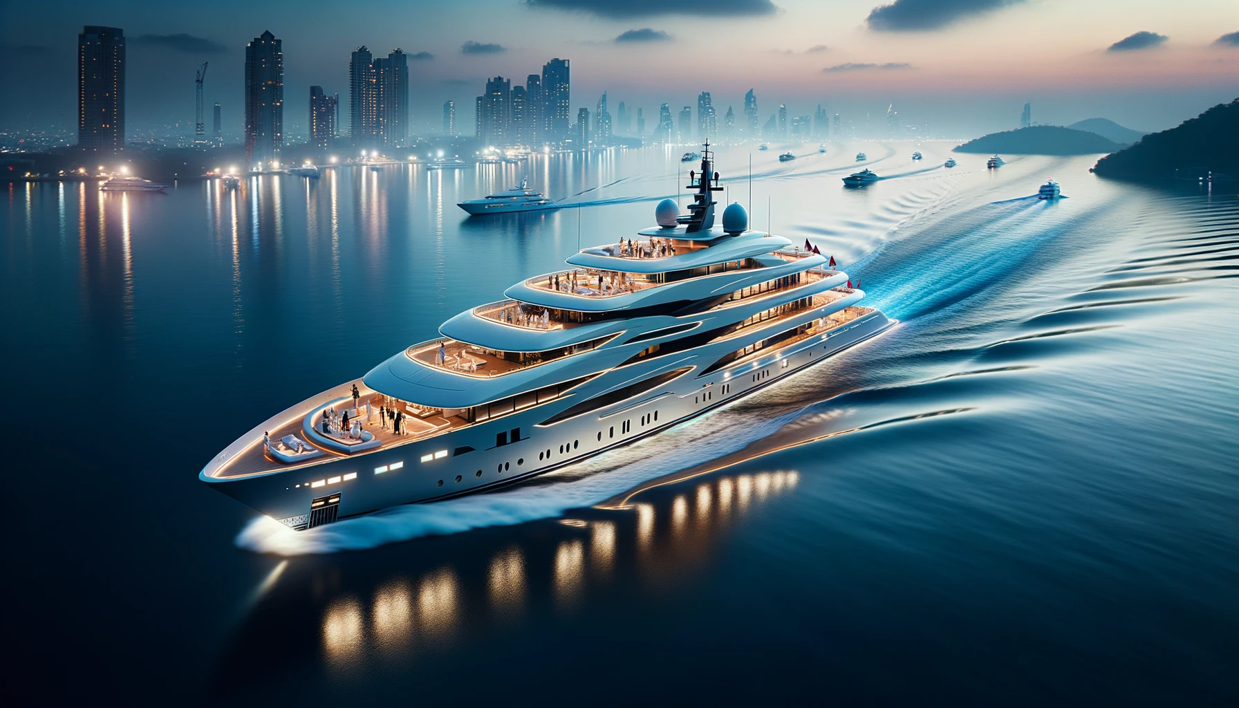 "Modern superyacht cruising near a coastal city skyline at twilight, with guests enjoying a deck party."