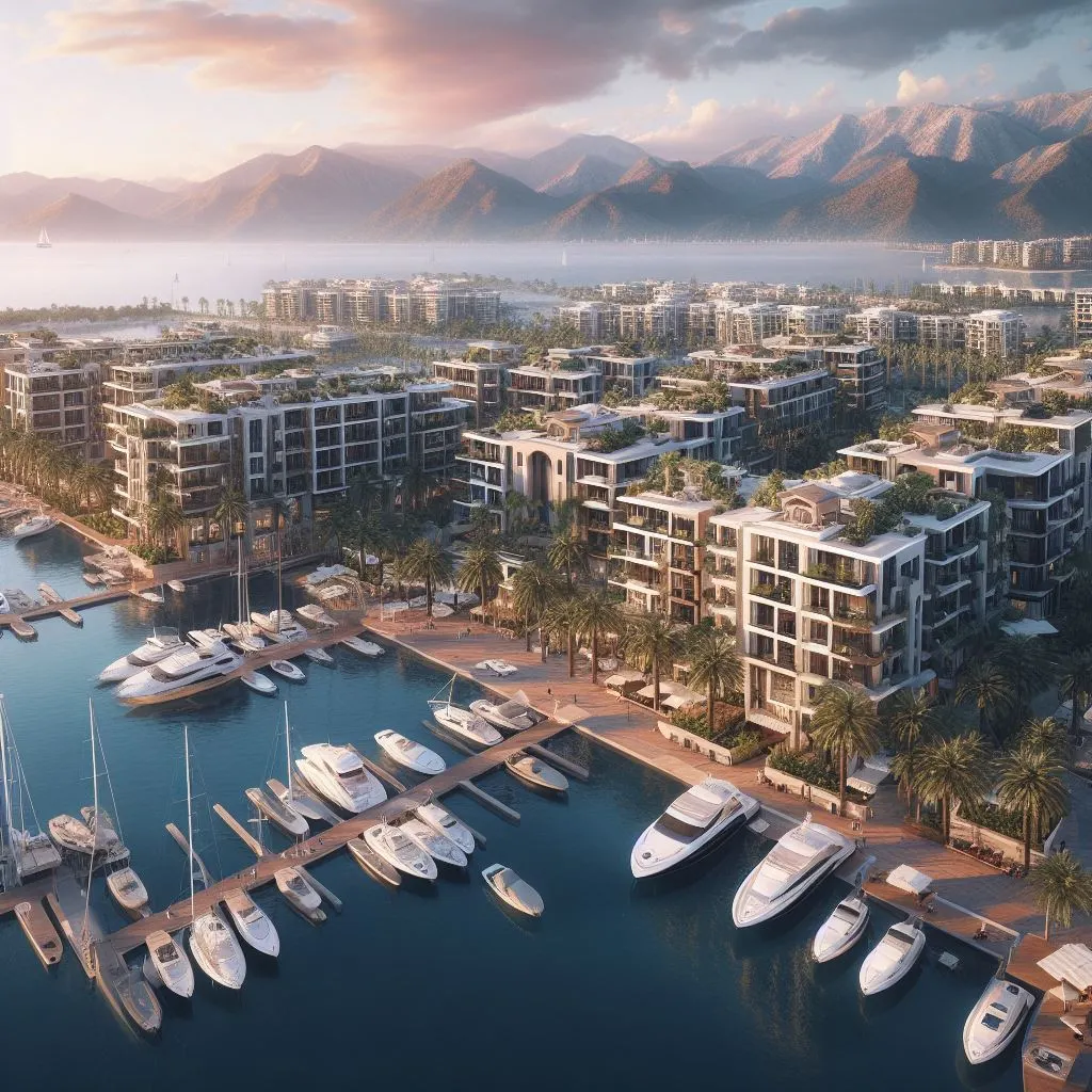 Porto Montenegro Yacht Club with boats docked in the bay and green hills in the background