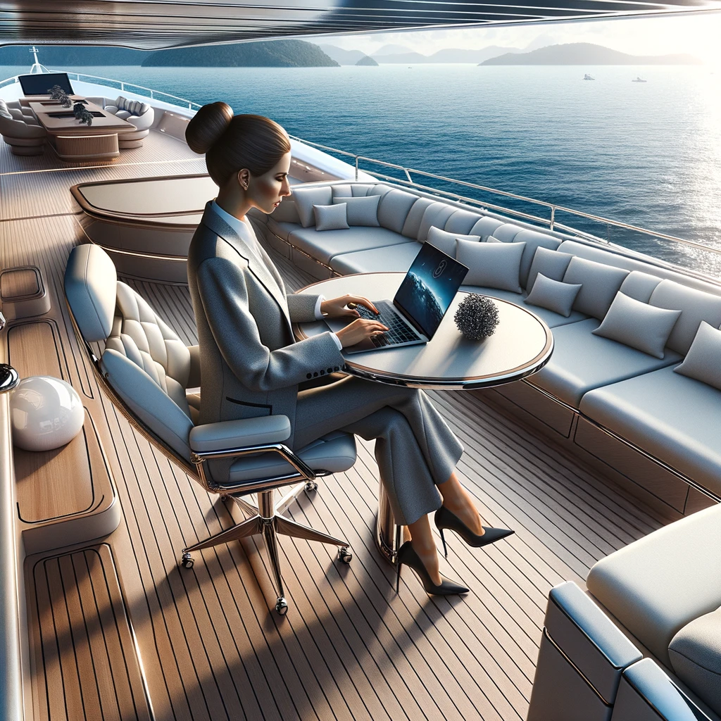 Professional woman in yacht-appropriate attire, embracing the work-from-yacht lifestyle."