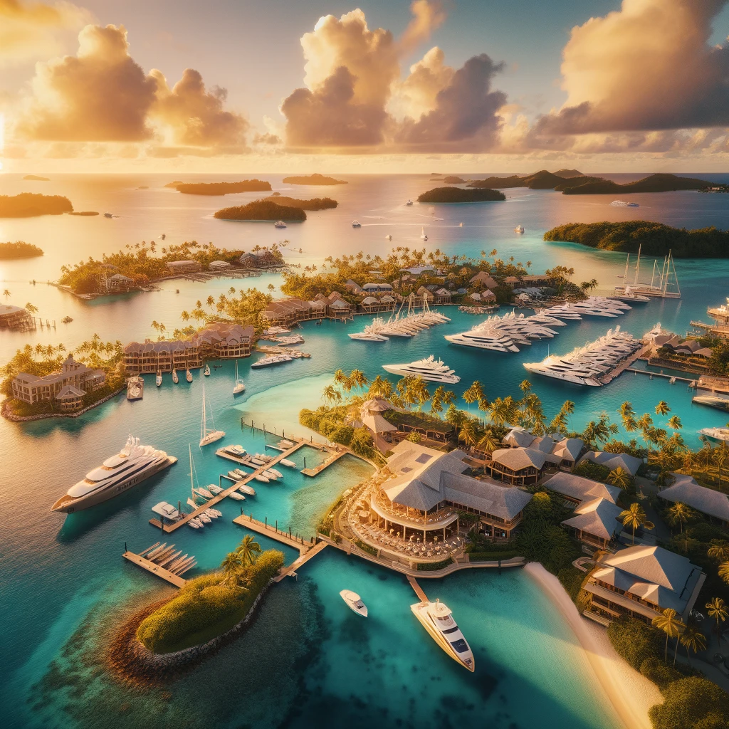 "Aerial view of Ocean Reef Yacht Club's marina with yachts docked, clubhouse in view, surrounded by Grand Bahama's lush greenery and turquoise waters at sunset."