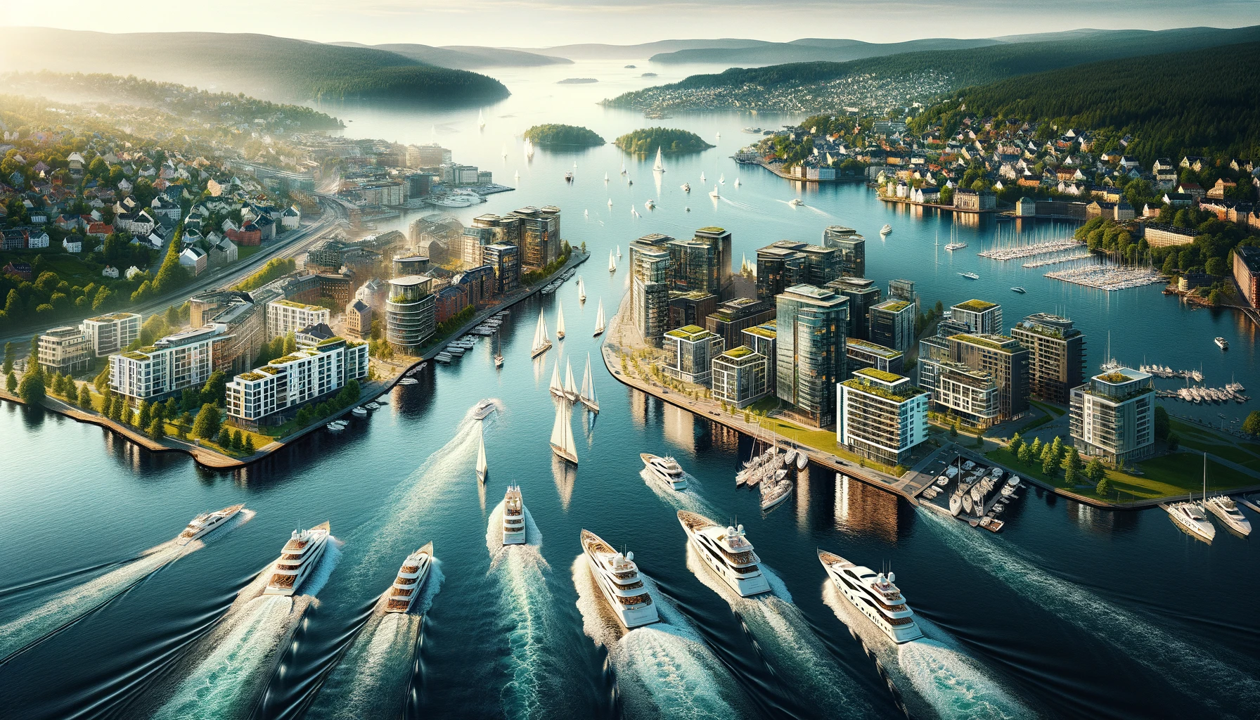 Aerial view of Oslo fjord with luxury yachts, showcasing the city's modern architecture and green landscapes, embodying Oslo's appeal as a top yachting destination