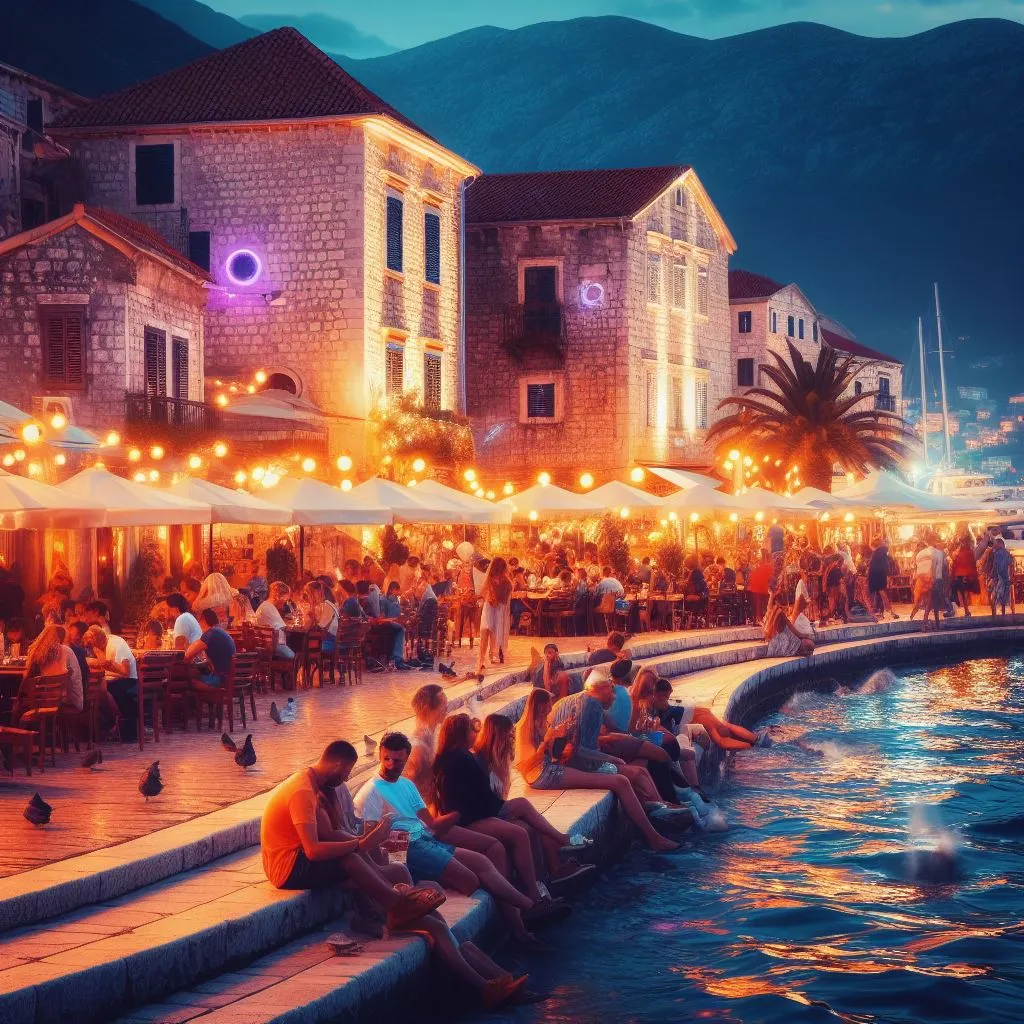 A-lively-image-of-Montenegros-nightlife-with-people-enjoying-at-bars-and-clubs