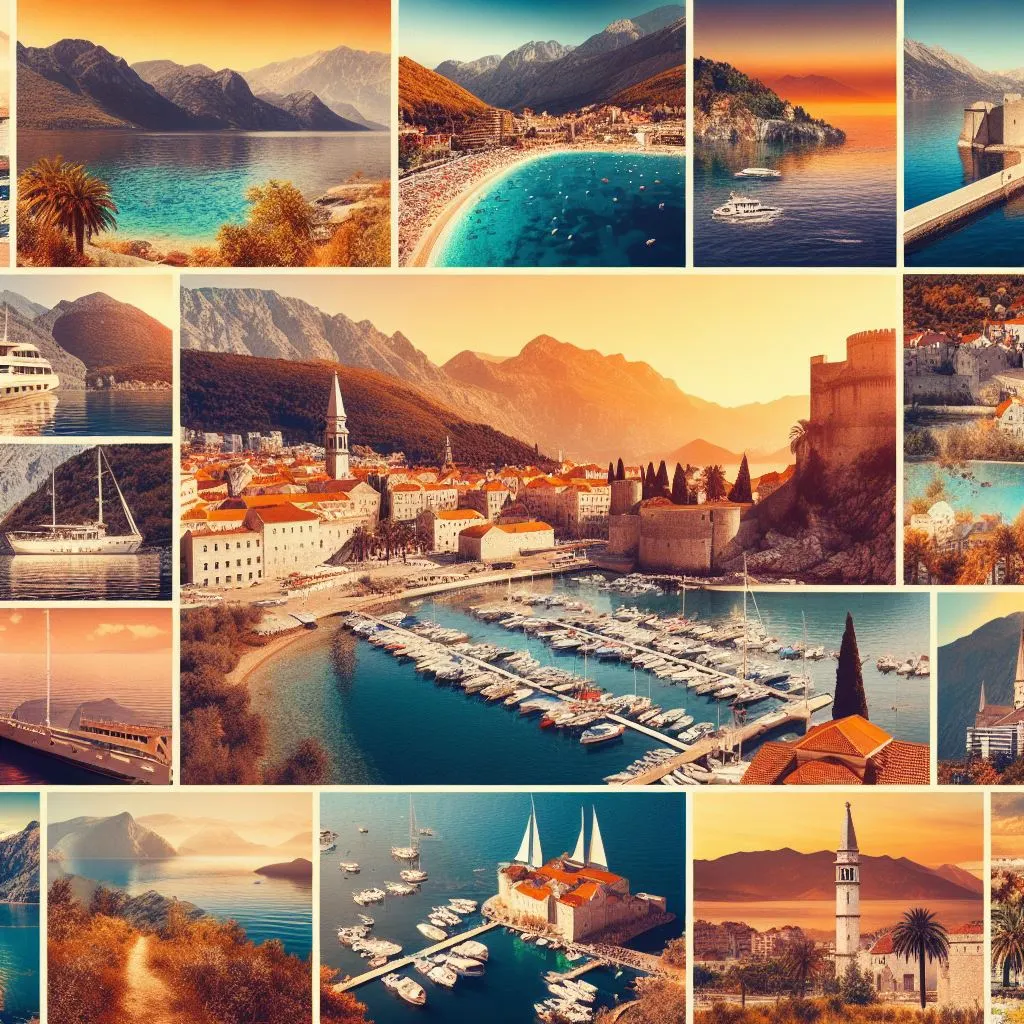 A-montage-of-Montenegros-attractions-like-beaches-mountains-and-ancient-harbor-towns 
